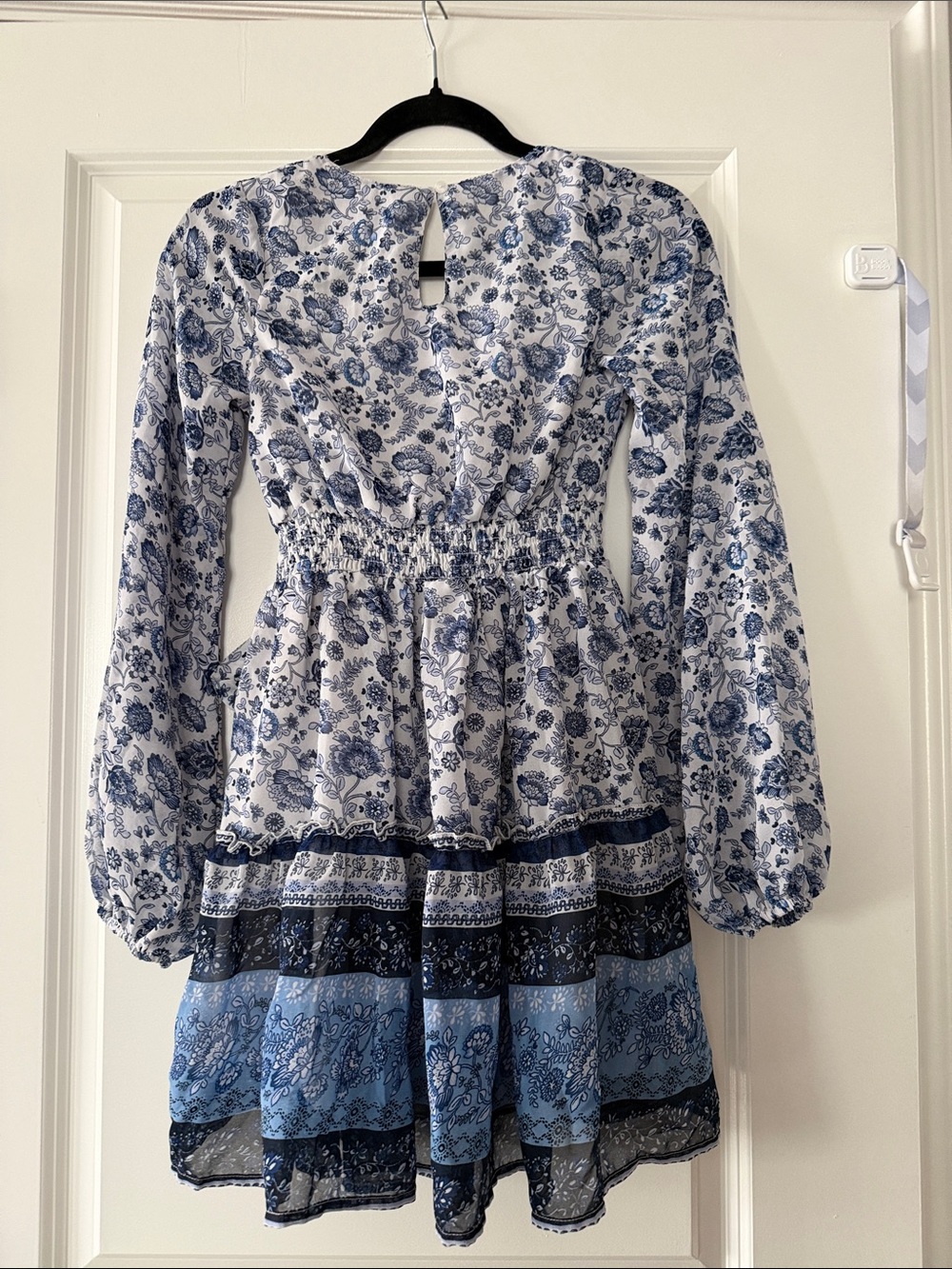 Japna Blue and White Long Sleeve Floral Wrap Dress - Picture 7 of 10